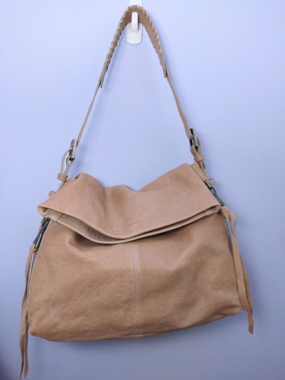 Aimee Kestenberg Hobo Bag Distressed Beige Leather Foldover Whipstitch Western